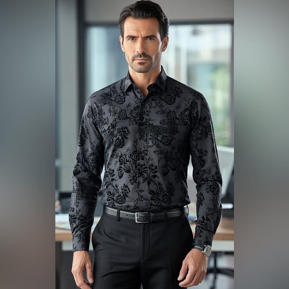 Beverly Hills Polo Club Charcoal Velvet Floral Shirt